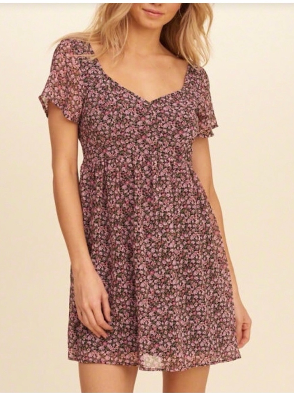 Hollister Co. pink floral mini dress with v-neck and short sleeves